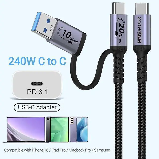 Alt view image 4 of 7 - Android Auto USB C Cable 2-in-1 [1.5ft 2Pack] 240W Max USB 3.1 Gen 2 Fast Charging CarPlay Cable Compatible with iPhone 16 15 Pro Max Galaxy S23 S22 Ultra Note 20 SSD