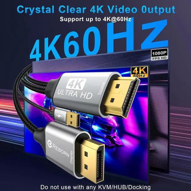 Alt view image 2 of 7 - JAENFONG Active HDMI to DisplayPort Cable (4K 60Hz 1080p@120Hz) 6FT Uni-Directional HDMI Source to DP Monitor Adapter Display Port Cord Compatible with PC Laptop AMD NVIDIA PS5 Xbox