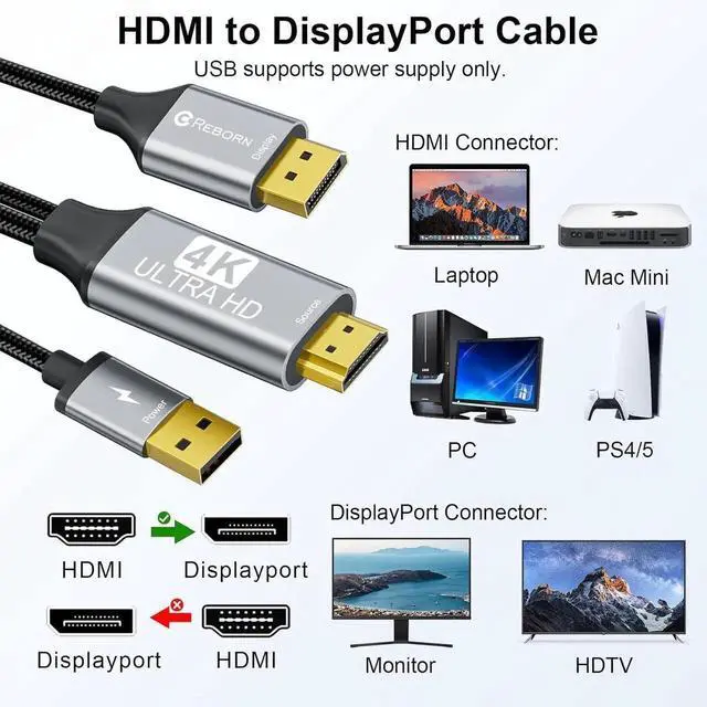 Alt view image 4 of 7 - JAENFONG Active HDMI to DisplayPort Cable (4K 60Hz 1080p@120Hz) 6FT Uni-Directional HDMI Source to DP Monitor Adapter Display Port Cord Compatible with PC Laptop AMD NVIDIA PS5 Xbox