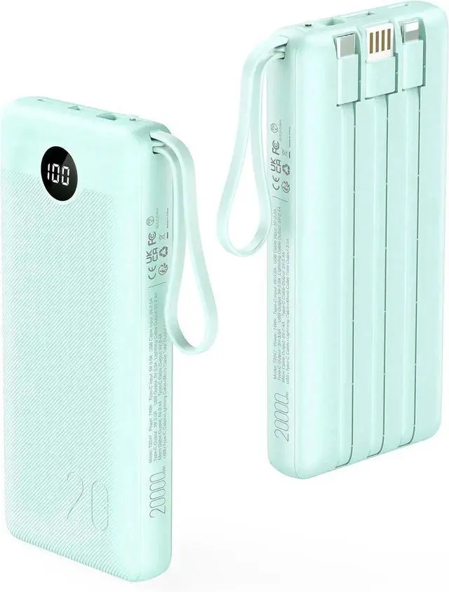 Main image of JAENFONG Portable Charger 20000mAh Built-in Cables Fast Charging Power Bank PD QC 3.0 Travel Essentials Battery Pack 4 Output & 2 Input Phone Charger for iPhone16 15 14 13 X Android-Green