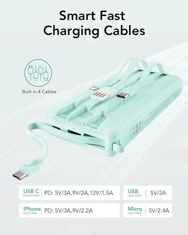 Alt view image 7 of 7 - JAENFONG Portable Charger 20000mAh Built-in Cables Fast Charging Power Bank PD QC 3.0 Travel Essentials Battery Pack 4 Output & 2 Input Phone Charger for iPhone16 15 14 13 X Android-Green