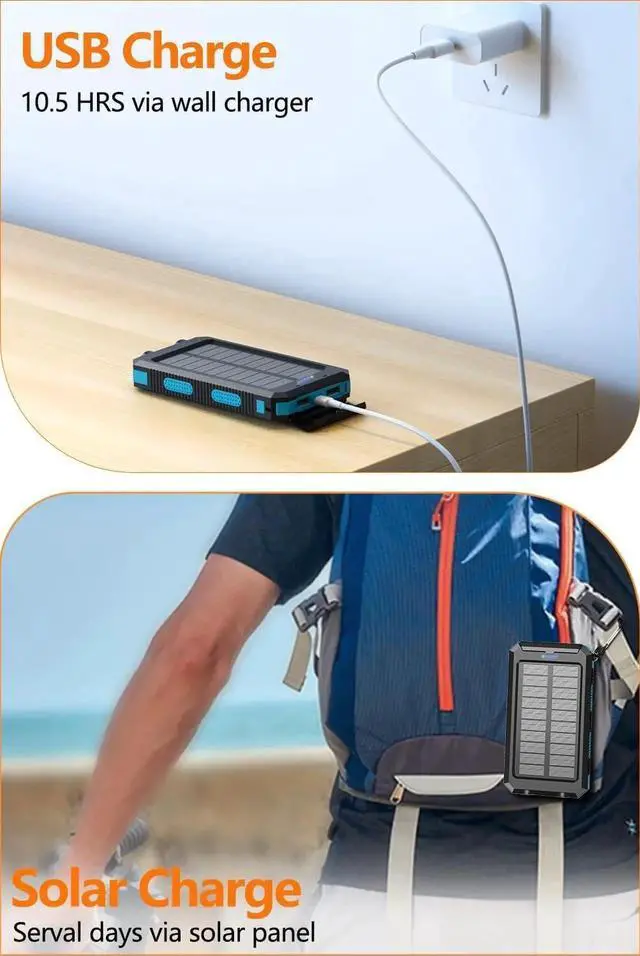 Alt view image 7 of 7 - Power Bank 36800mAh Solar Portable Charger with USB-C 5V/2.4A Fast Charging Compatible with iPhone with 2 LED Flashlights and IPX5 Waterproof External Backup Battery Pack Perfect for Camping Hiking