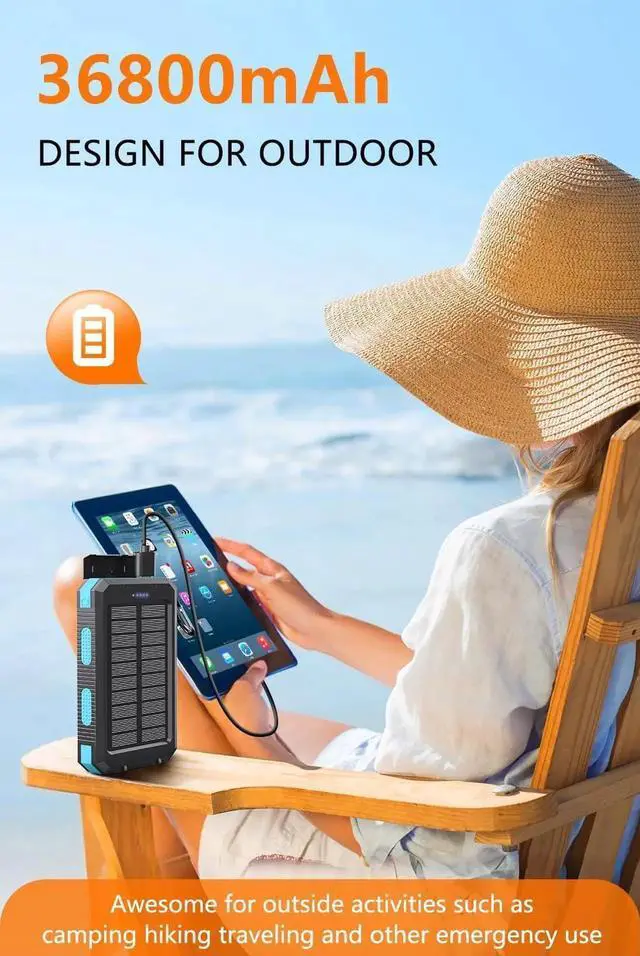 Alt view image 2 of 7 - Power Bank 36800mAh Solar Portable Charger with USB-C 5V/2.4A Fast Charging Compatible with iPhone with 2 LED Flashlights and IPX5 Waterproof External Backup Battery Pack Perfect for Camping Hiking