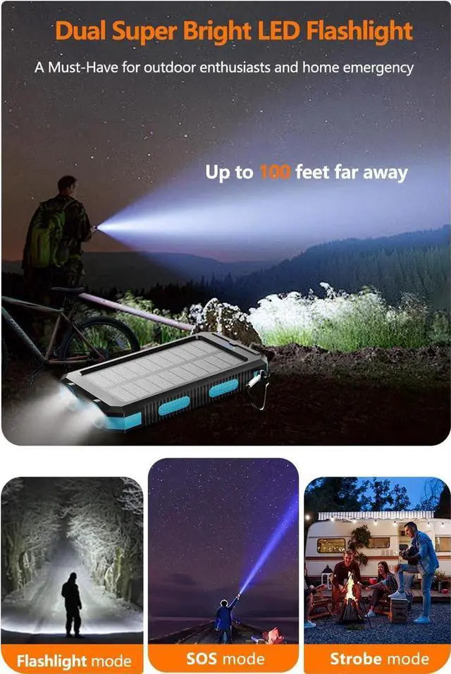 Alt view image 3 of 7 - Power Bank 36800mAh Solar Portable Charger with USB-C 5V/2.4A Fast Charging Compatible with iPhone with 2 LED Flashlights and IPX5 Waterproof External Backup Battery Pack Perfect for Camping Hiking
