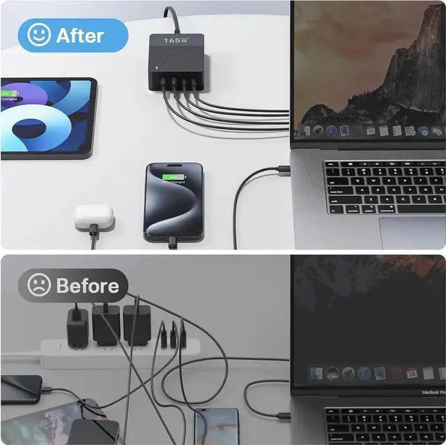 Alt view image 4 of 7 - 2025 Latest USB C Fast Charger 165W GaN 4-Port Charging Station Hub Block Cube USB C Wall Charger Blocks with Dual Type C Ports for iPad/iPhone 16 15 14 13 12 Pro Max Pixel Note Galaxy