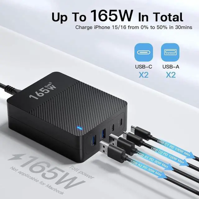 Alt view image 3 of 7 - 2025 Latest USB C Fast Charger 165W GaN 4-Port Charging Station Hub Block Cube USB C Wall Charger Blocks with Dual Type C Ports for iPad/iPhone 16 15 14 13 12 Pro Max Pixel Note Galaxy
