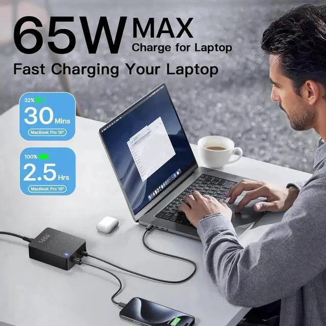 Alt view image 6 of 7 - 2025 Latest USB C Fast Charger 165W GaN 4-Port Charging Station Hub Block Cube USB C Wall Charger Blocks with Dual Type C Ports for iPad/iPhone 16 15 14 13 12 Pro Max Pixel Note Galaxy