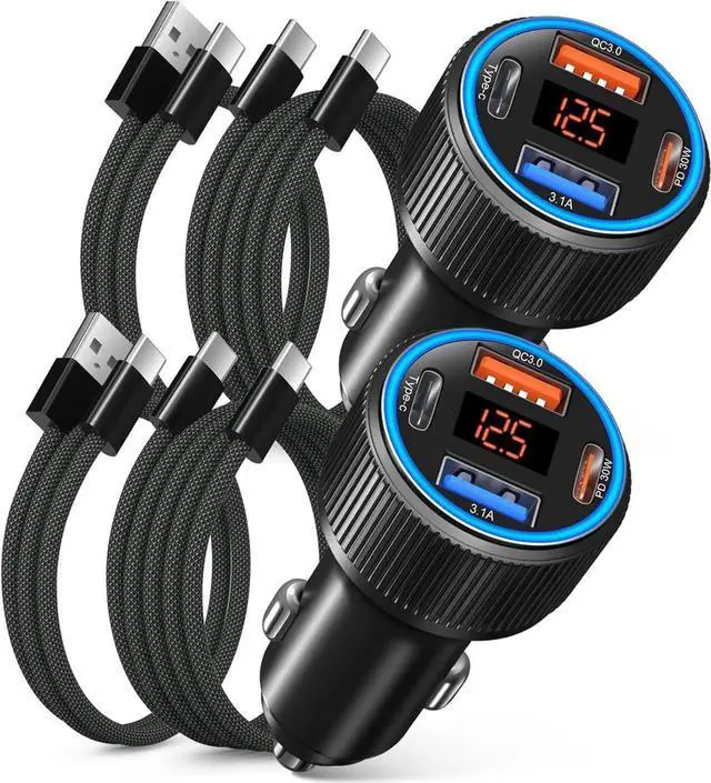 Main image of 65W 4 Port Super Fast Type C Car Charger USB C for S25 S24 S23 Ultra A53 A16 iPhone 16 15 PD/QC 3.0 Fast Charging 12V Car Cigarette Lighter Adapter with Voltage Meter+4 Pack USB-C Cables