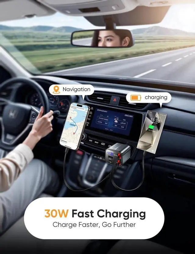 Alt view image 4 of 7 - 30W Retractable Car Charger 4 in 1 Fast Charging Adapter with Type-C & USB C Port 31.5 inch Retractable Cables Compatible with iPhone Android Galaxy