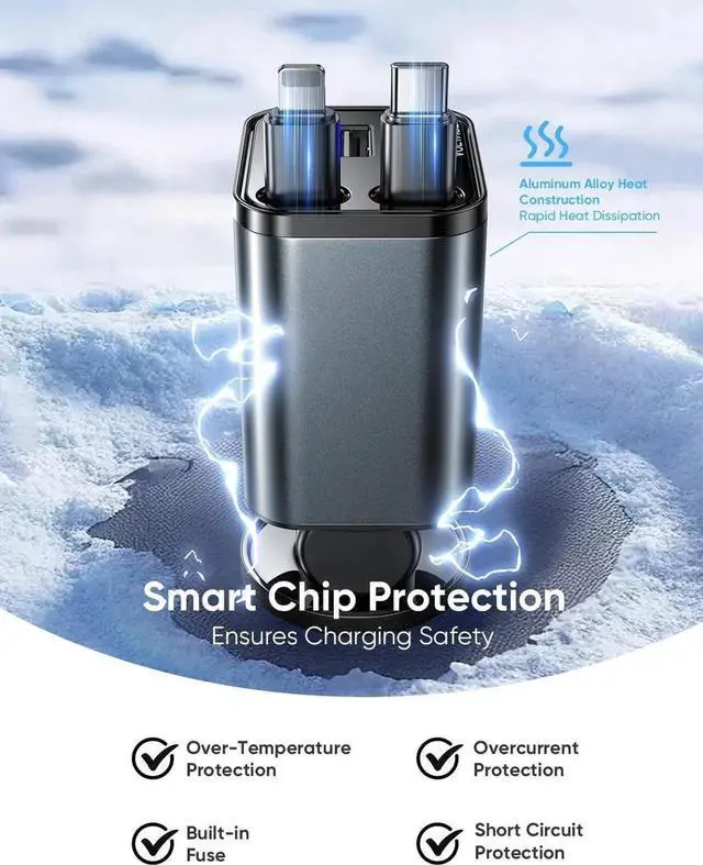 Alt view image 5 of 7 - 30W Retractable Car Charger 4 in 1 Fast Charging Adapter with Type-C & USB C Port 31.5 inch Retractable Cables Compatible with iPhone Android Galaxy