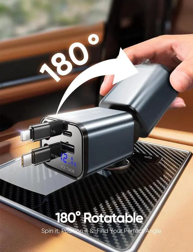 Alt view image 3 of 7 - 30W Retractable Car Charger 4 in 1 Fast Charging Adapter with Type-C & USB C Port 31.5 inch Retractable Cables Compatible with iPhone Android Galaxy