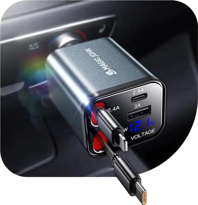Main image of 30W Retractable Car Charger 4 in 1 Fast Charging Adapter with Type-C & USB C Port 31.5 inch Retractable Cables Compatible with iPhone Android Galaxy