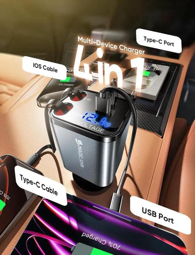 Alt view image 2 of 7 - 30W Retractable Car Charger 4 in 1 Fast Charging Adapter with Type-C & USB C Port 31.5 inch Retractable Cables Compatible with iPhone Android Galaxy