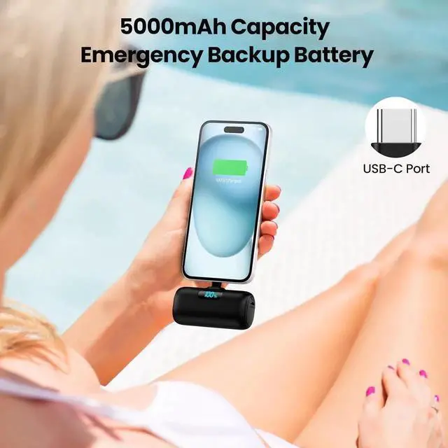 Alt view image 3 of 7 - Mini Portable Charger USB C Power Bank Upgraded 5000mAh PD Fast Charging Battery Pack Built-in USB-C Connector LCD Display Compatible with iPhone16 16 Plus 16Pro/Max/15 iPad Pro/Air Android Phone etc
