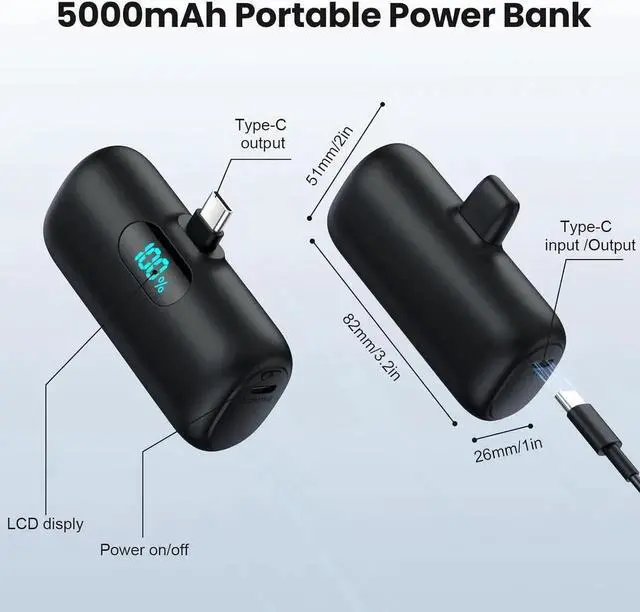 Alt view image 5 of 7 - Mini Portable Charger USB C Power Bank Upgraded 5000mAh PD Fast Charging Battery Pack Built-in USB-C Connector LCD Display Compatible with iPhone16 16 Plus 16Pro/Max/15 iPad Pro/Air Android Phone etc