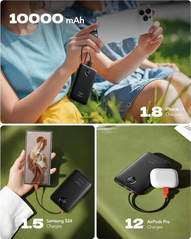 Alt view image 6 of 7 - JAENFONG Slim Portable Charger 10000mAh Travel Power Bank with Built-in USB-C Cable & LED Display 22.5W Fast Charging Battery Pack Compatible with iPhone 16 15 S24 S23 -Black