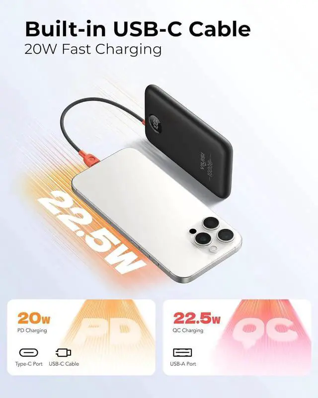 Alt view image 4 of 7 - JAENFONG Slim Portable Charger 10000mAh Travel Power Bank with Built-in USB-C Cable & LED Display 22.5W Fast Charging Battery Pack Compatible with iPhone 16 15 S24 S23 -Black