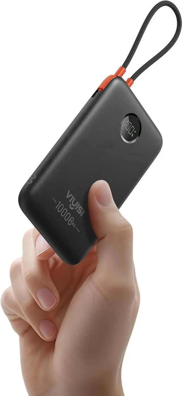 Main image of JAENFONG Slim Portable Charger 10000mAh Travel Power Bank with Built-in USB-C Cable & LED Display 22.5W Fast Charging Battery Pack Compatible with iPhone 16 15 S24 S23 -Black