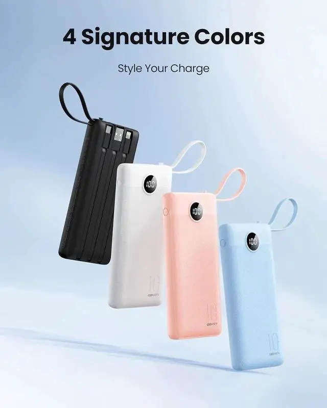 Alt view image 5 of 7 - JAENFONG Portable Charger with Built in Cables Slim 10000mAh Power Bank with USB C External Battery Pack 5 Outputs 2 Inputs LED Display Compatible with iPhone/Android & More (Black)