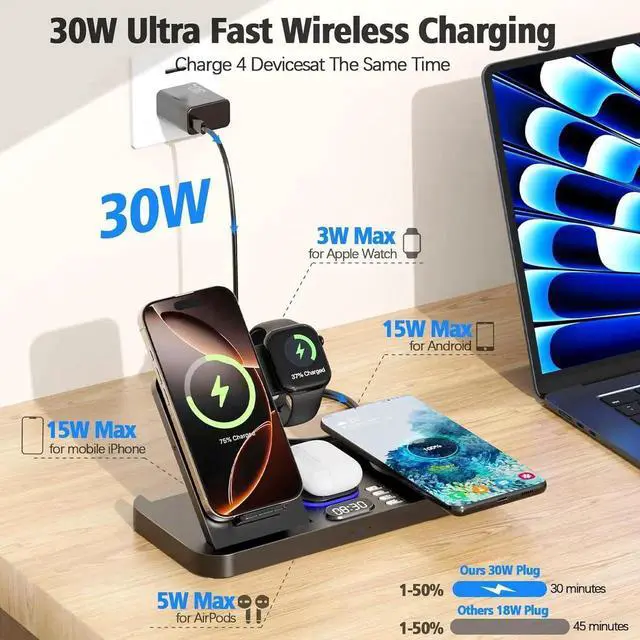 Alt view image 6 of 6 - 2025 Upgrade Wireless Charger 6 in 1 Charging Station 30W Wireless Charger with Clock & 7-Color Night Light Dual Phone Charger for iPhone 16/ Galaxy for AirPods for Watch