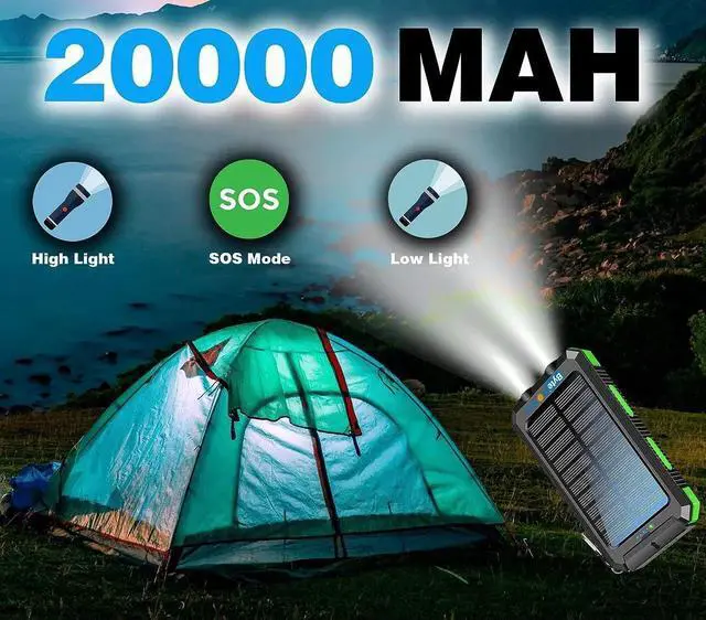 Alt view image 3 of 7 - JAENFONG SolarCharger Power Bank 20000mAh Portable Solar Pone Charger with Compass Carabiner Whistle Flashlights Solar Panel Charger Camping Gear Accessory (Green)