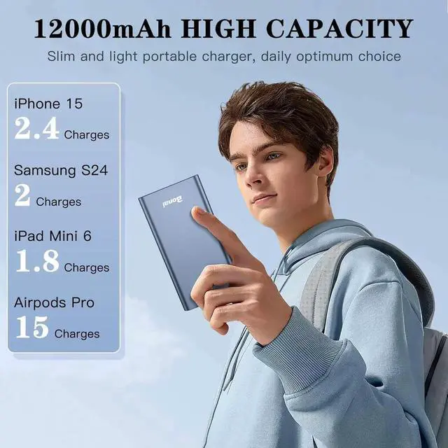 Alt view image 7 of 7 - JAENFONG Portable Charger 12 000mAh 5V/3A Fast Charging Power Bank Dural Input & Output Ports (USB-C in & Out) Portable Phone Charger for iPhone 15/14/13/12 Series Galxy Android iPad etc - Blue