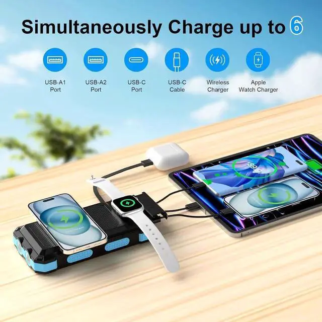 Alt view image 3 of 7 - Power Bank Solar Charger 49800mAh Portable Charger for Phone& Watch Wireless with PD 20W QC3.0 Fast Charging Built-in Type-C Cable Compatible with iPhone etc LED Flashlight Perfect for Camping