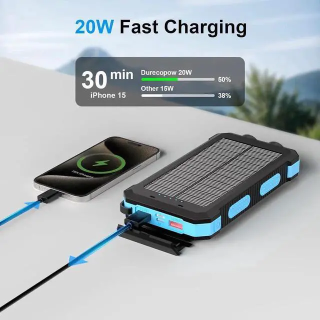 Alt view image 2 of 7 - Power Bank Solar Charger 49800mAh Portable Charger for Phone& Watch Wireless with PD 20W QC3.0 Fast Charging Built-in Type-C Cable Compatible with iPhone etc LED Flashlight Perfect for Camping