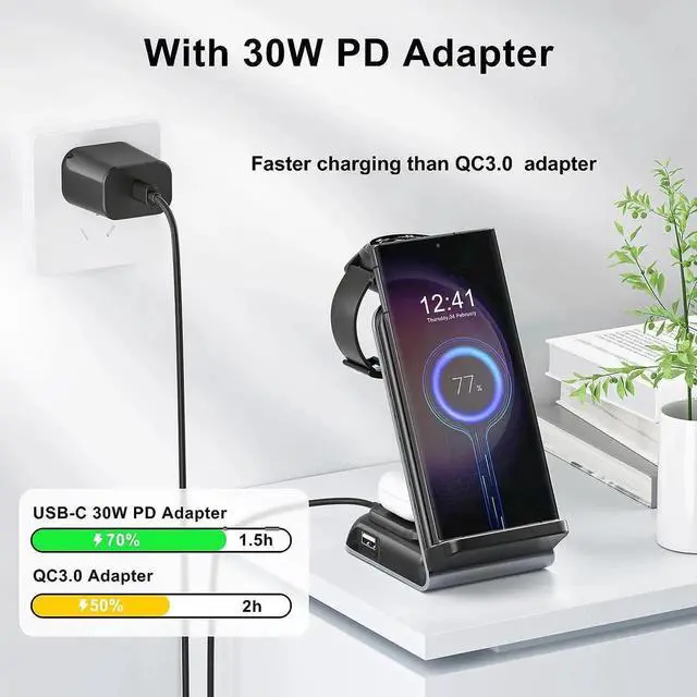 Alt view image 6 of 6 - Wireless Charging Station for - Fast Charging Wireless Charger for Galaxy S23 Ultra/S23/S23+/Z Flip/Fold 5/4/3/iphone/Android Phones Galaxy Watch 6/5 Pro/5/4/3 & Buds.(with 30W PD Adapter)