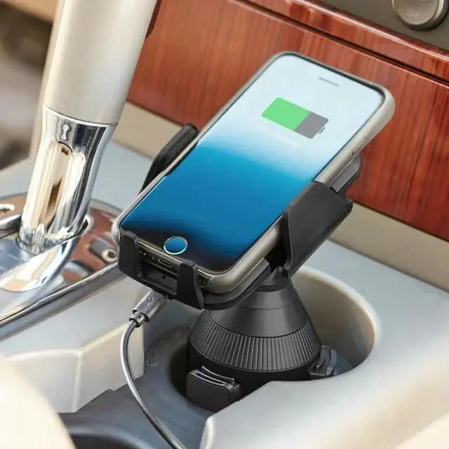 Alt view image 4 of 5 - Cup Holder Phone Mount with Wireless Charger Multi-Angle Rotation Quick-Push Release Button Lightweight