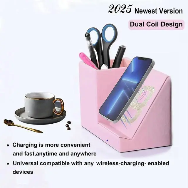 Alt view image 6 of 7 - 2025 New Wireless Charger 15W Pink Fast Charger Dual Coil Qi Certified Charging Dock Desk Stand and Pen Holder Storage Compatible with iPhone 16/15/14 MAX/XR/XS S24/S23 Series and More(No AC Adapter