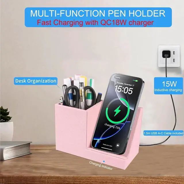 Alt view image 5 of 7 - 2025 New Wireless Charger 15W Pink Fast Charger Dual Coil Qi Certified Charging Dock Desk Stand and Pen Holder Storage Compatible with iPhone 16/15/14 MAX/XR/XS S24/S23 Series and More(No AC Adapter