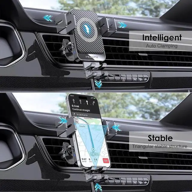 Alt view image 5 of 6 - Wireless Car Charger 15W Fast Charging Auto-Clamping Car Charger Phone Mount Air Vent Cell Phone Holder Compatible iPhone 16/15/14/13/13 Pro/12 pro/12/11 Galaxy S23/S22/S21/S20 etc