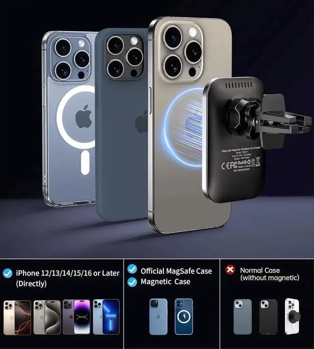 Alt view image 5 of 6 - for for MagSafe Car Mount Charger with Adapter 360° Rotation Magnetic Wireless iPhone Car Charger for Air Vent Compatible with iPhone 16/15/14/13/12 Series