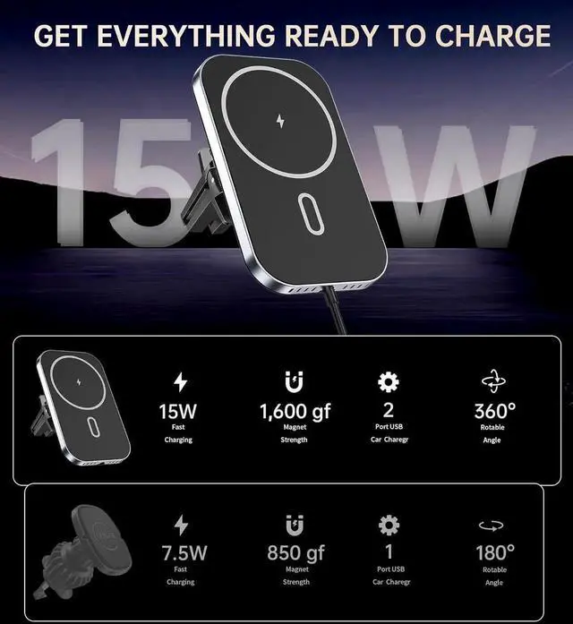 Alt view image 6 of 6 - for for MagSafe Car Mount Charger with Adapter 360° Rotation Magnetic Wireless iPhone Car Charger for Air Vent Compatible with iPhone 16/15/14/13/12 Series