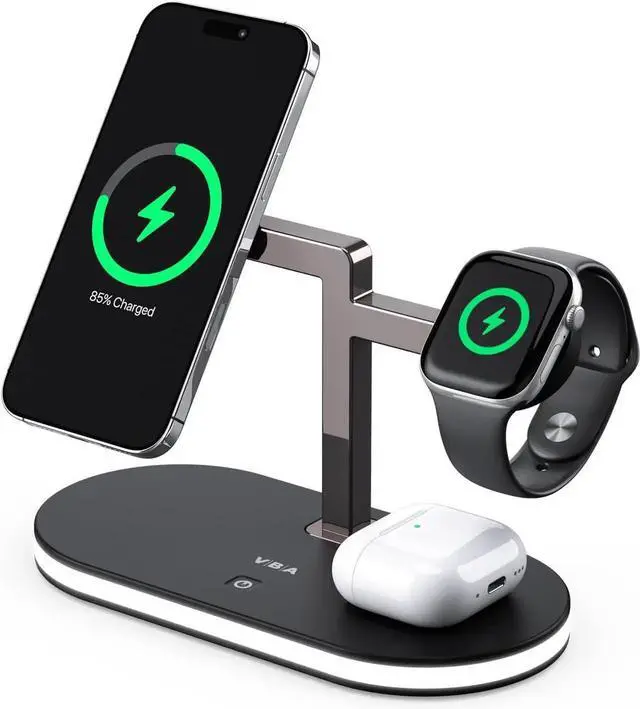 Main image of 4 in 1 Wireless Charging Station for MagSafe Charger Fast Charging Magnetic Wireless Charger Stand with Night Light for iPhone 16 15 14 13 12 Series Watch 2 3 4 (Black)