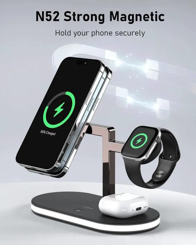 Alt view image 7 of 7 - 4 in 1 Wireless Charging Station for MagSafe Charger Fast Charging Magnetic Wireless Charger Stand with Night Light for iPhone 16 15 14 13 12 Series Watch 2 3 4 (Black)