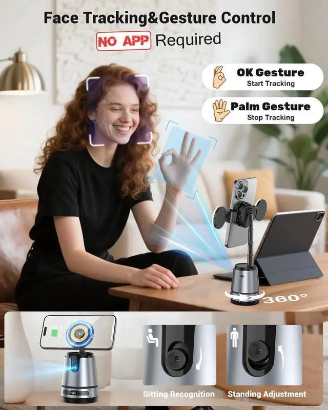 Alt view image 4 of 7 - Auto Face Tracking Magnetic Phone Charger Stand with Light 1800mAh Magnetic Wireless Charger 360° Rotating Phone Holder with Remote Control for Video Recording/TikTok/YouTube/Content Creator