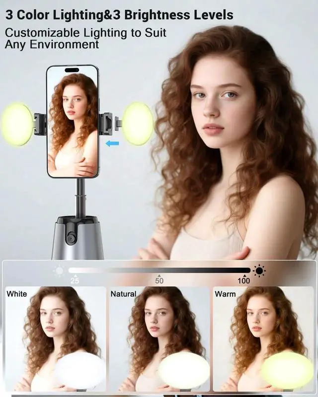 Alt view image 7 of 7 - Auto Face Tracking Magnetic Phone Charger Stand with Light 1800mAh Magnetic Wireless Charger 360° Rotating Phone Holder with Remote Control for Video Recording/TikTok/YouTube/Content Creator