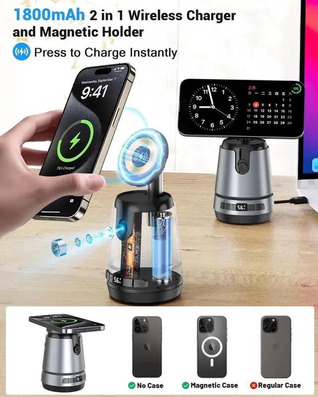 Alt view image 3 of 7 - Auto Face Tracking Magnetic Phone Charger Stand with Light 1800mAh Magnetic Wireless Charger 360° Rotating Phone Holder with Remote Control for Video Recording/TikTok/YouTube/Content Creator
