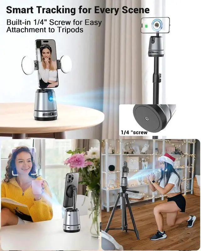 Alt view image 5 of 7 - Auto Face Tracking Magnetic Phone Charger Stand with Light 1800mAh Magnetic Wireless Charger 360° Rotating Phone Holder with Remote Control for Video Recording/TikTok/YouTube/Content Creator