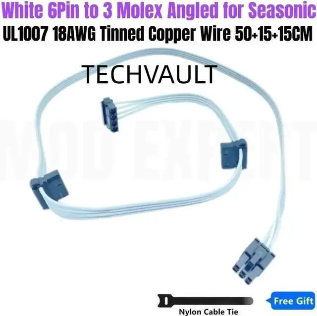 Main image of JAENFONG White 6Pin to 3 Molex IDE 4Pin Angled Case Fan Power Cable for Seasonic VERTEX GX-1200 GX-1000 WHITE EDITION Power Supply Power