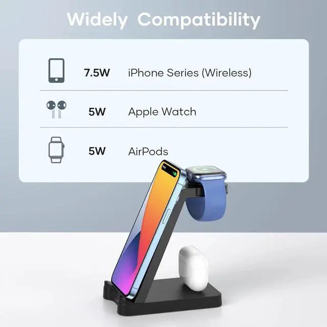 Alt view image 2 of 6 - 3 in 1 Charging Station for Products - Wireless Charging Station for Multiple Devices - Phone and Watch Charger Stand for iPhone 15/14/13/12/11 Series iWatch Series 1-9/Ultra AirPods