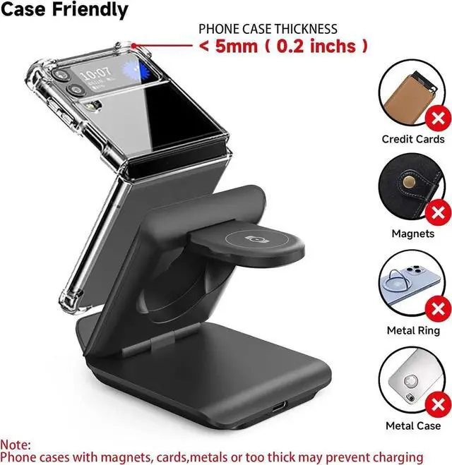 Alt view image 4 of 6 - Wireless Charger for Galaxy Z Flip 2 in 1 Foldable Travel Fast Wireless Charging Stand for Galaxy Z Flip 7/6/5/4/3 Galaxy S24 Ultra/S23/S22/Note 20 Galaxy Watch 7/Ultra/6 Black