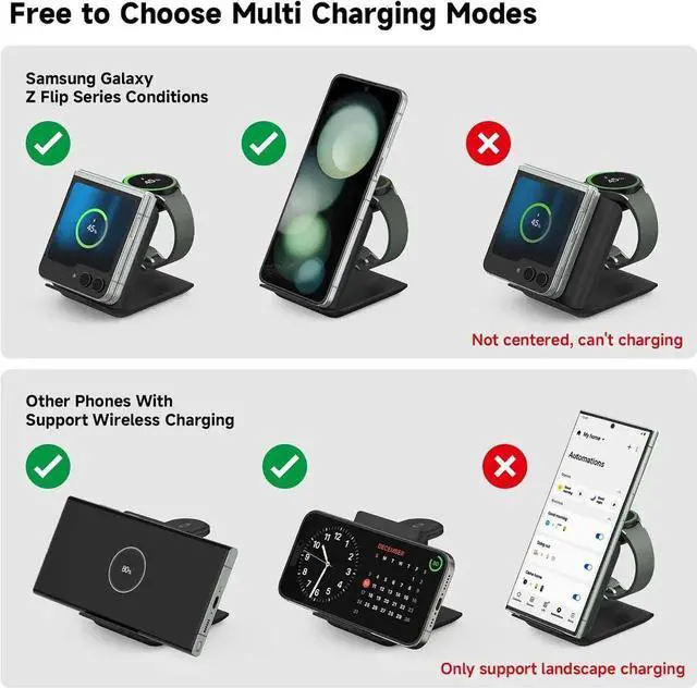 Alt view image 6 of 6 - Wireless Charger for Galaxy Z Flip 2 in 1 Foldable Travel Fast Wireless Charging Stand for Galaxy Z Flip 7/6/5/4/3 Galaxy S24 Ultra/S23/S22/Note 20 Galaxy Watch 7/Ultra/6 Black