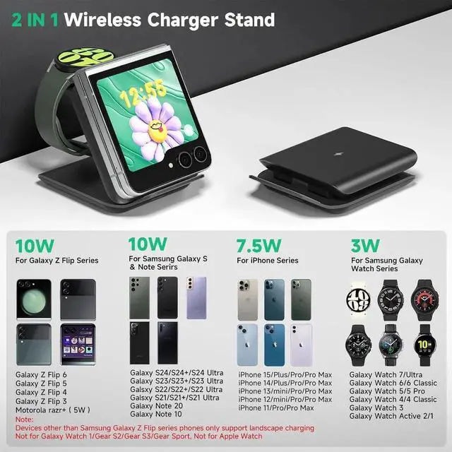 Alt view image 2 of 6 - Wireless Charger for Galaxy Z Flip 2 in 1 Foldable Travel Fast Wireless Charging Stand for Galaxy Z Flip 7/6/5/4/3 Galaxy S24 Ultra/S23/S22/Note 20 Galaxy Watch 7/Ultra/6 Black