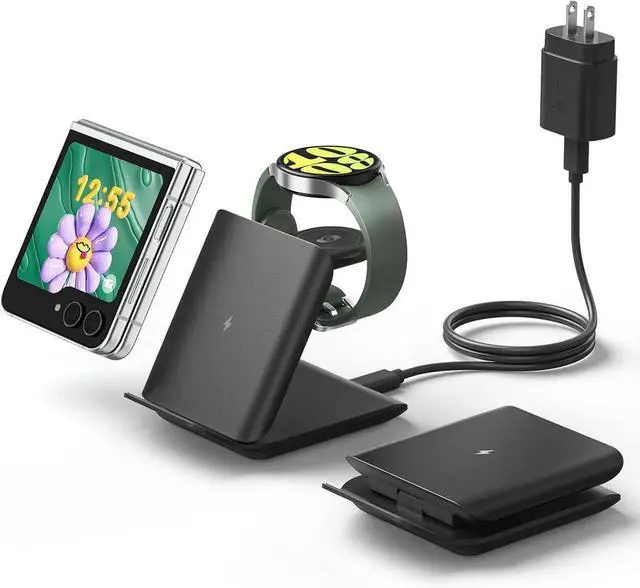 Main image of Wireless Charger for Galaxy Z Flip 2 in 1 Foldable Travel Fast Wireless Charging Stand for Galaxy Z Flip 7/6/5/4/3 Galaxy S24 Ultra/S23/S22/Note 20 Galaxy Watch 7/Ultra/6 Black