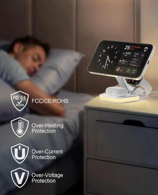 Alt view image 7 of 7 - 5-in-1 Magnetic Wireless Charging Stand for MagSafe Charger with Night Light for iPhone 16/15/14/13/12 Watch AirPods Travel Magnetic Charger Nightstand Charging Station (Adapter Included)