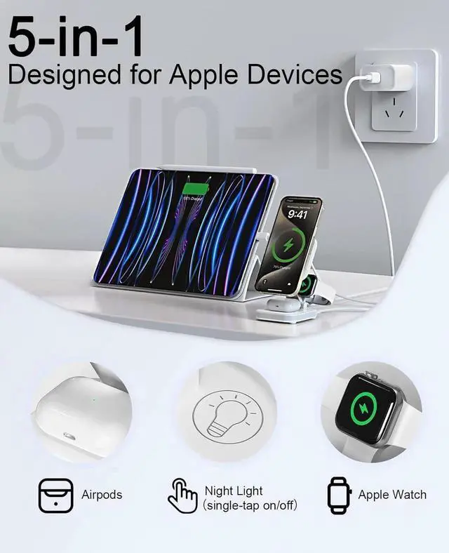 Alt view image 3 of 7 - 5-in-1 Magnetic Wireless Charging Stand for MagSafe Charger with Night Light for iPhone 16/15/14/13/12 Watch AirPods Travel Magnetic Charger Nightstand Charging Station (Adapter Included)