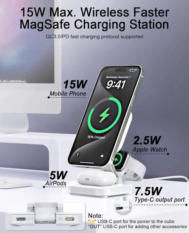 Alt view image 5 of 7 - 5-in-1 Magnetic Wireless Charging Stand for MagSafe Charger with Night Light for iPhone 16/15/14/13/12 Watch AirPods Travel Magnetic Charger Nightstand Charging Station (Adapter Included)